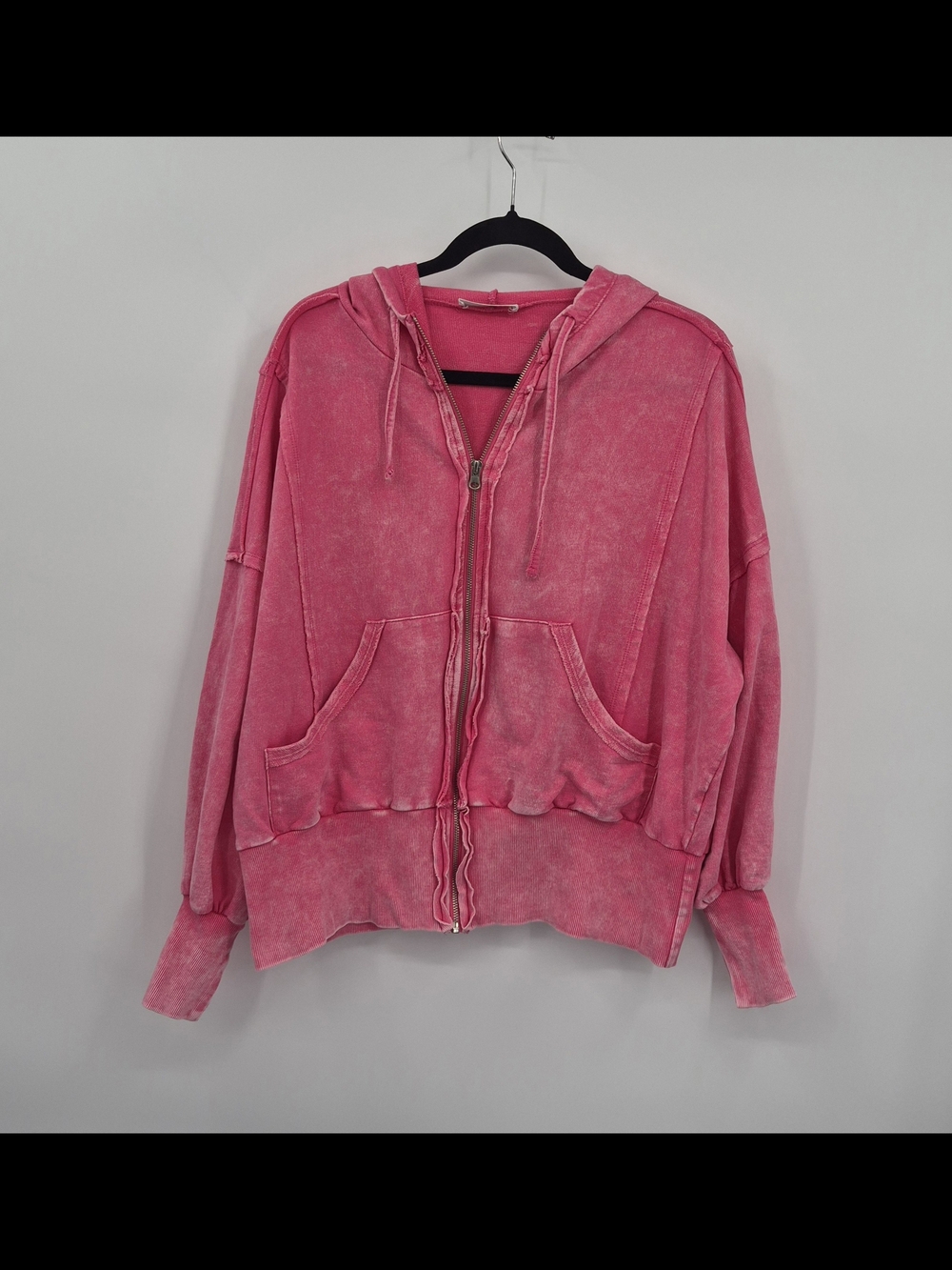 Zenana Pink Acid Wash Sweatshirt Raw Seam S/M Zip Up Split Wrists